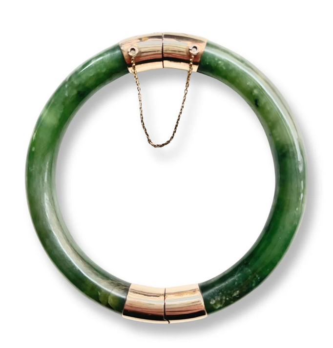 14K GOLD VINTAGE Chinese jade hinged bracelet 