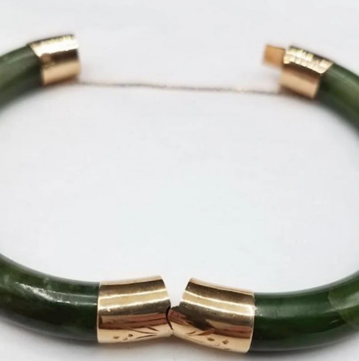 Vintage 14k Gold Green Jade Bangle Bracelet from China 