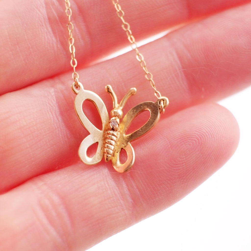 14k gold and diamond vintage butterfly necklace