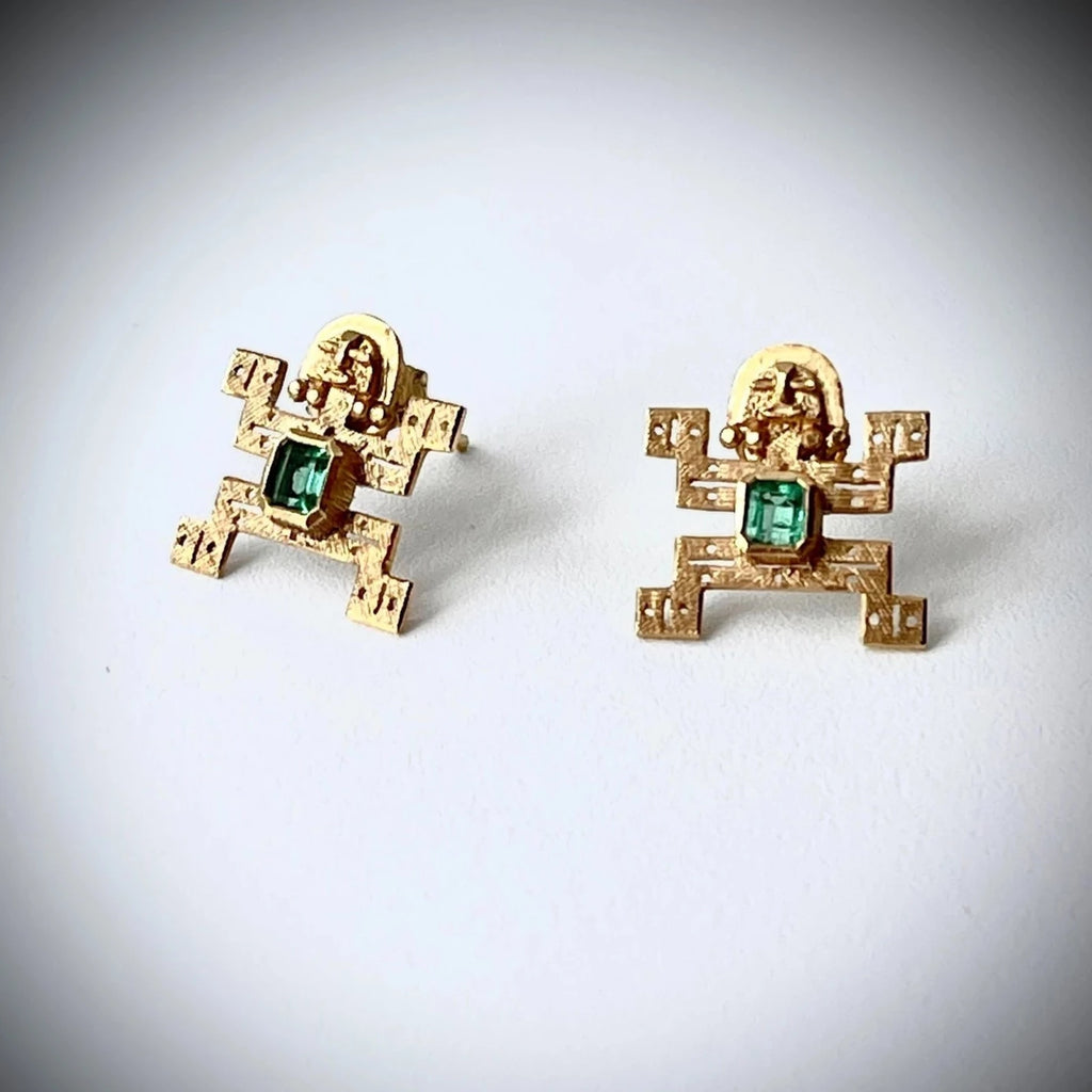 Pre-Columbian Dancing Aztec Man Earrings  18k Solid Yellow Gold with Emeralds 
