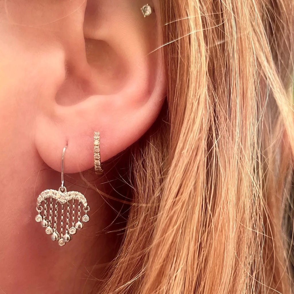 Diamond Heart Fringe Earrings 14k White Gold 