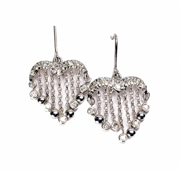Vintage Diamond Heart Fringe Earrings 14k White Gold 