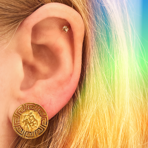 18k gold chinese symbol and greek key omgea back estate earrings