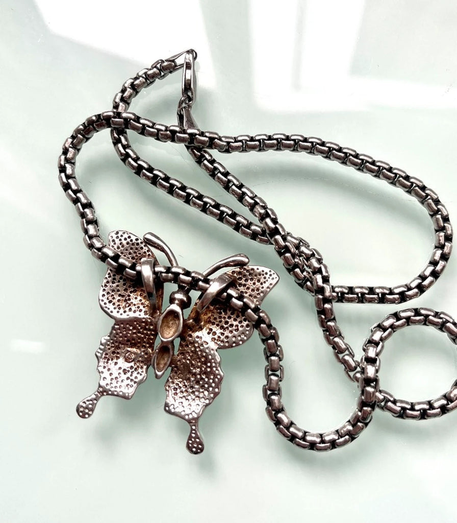 Y2K Fire Opal Butterfly Necklace (925)