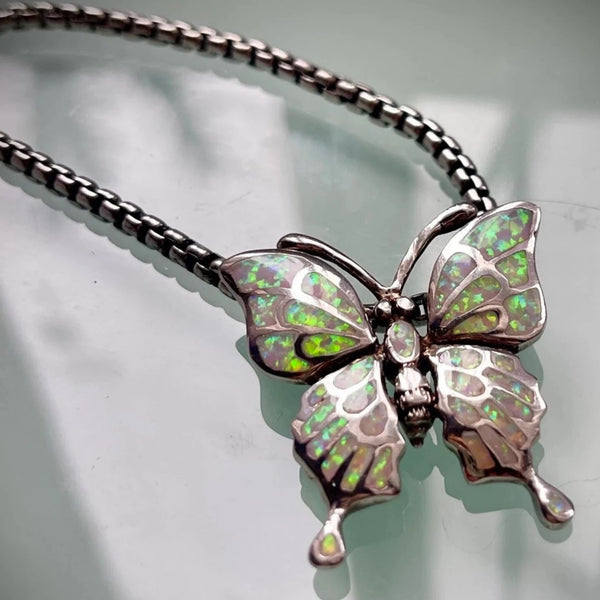 Y2K Fire Opal Butterfly Necklace (925)