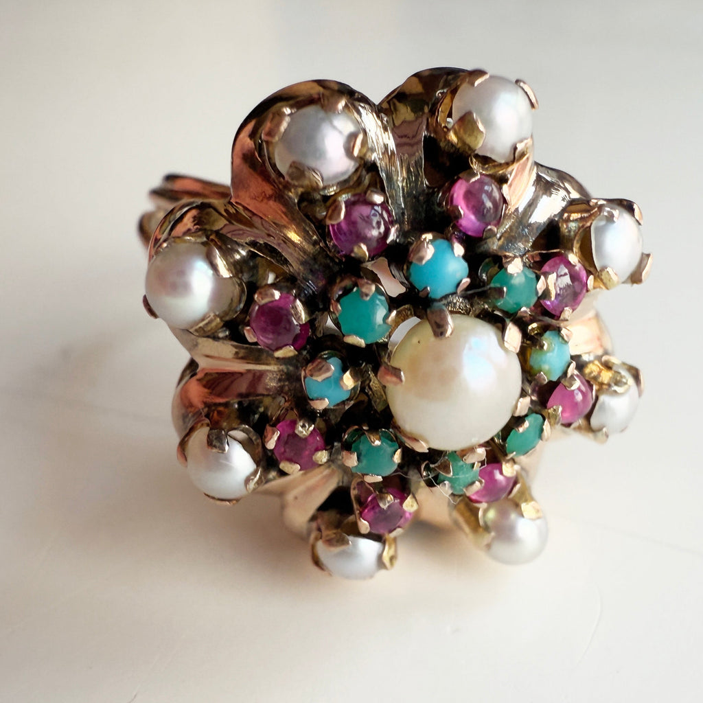14k gold princess crown ring with pearls rubies and turquoise 