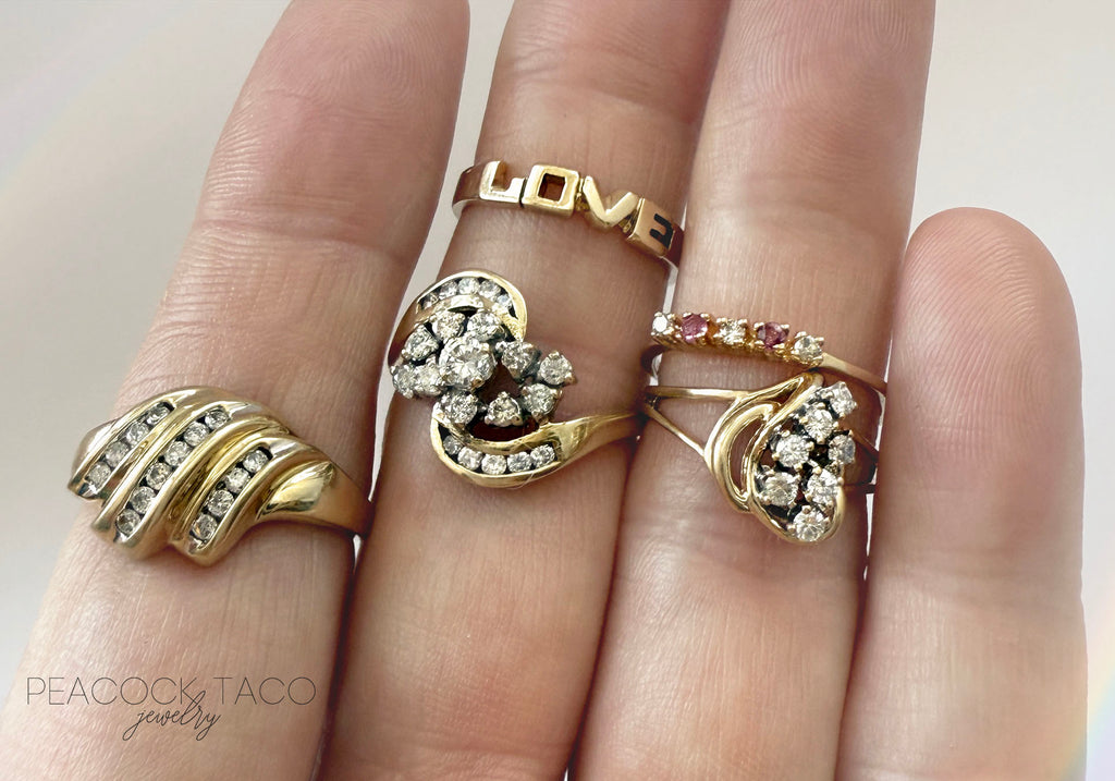 trendy cool girl vintage 14k and 18k diamond and gold rings 