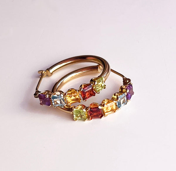 vintage 14k rainbow gem stone hoop earrings