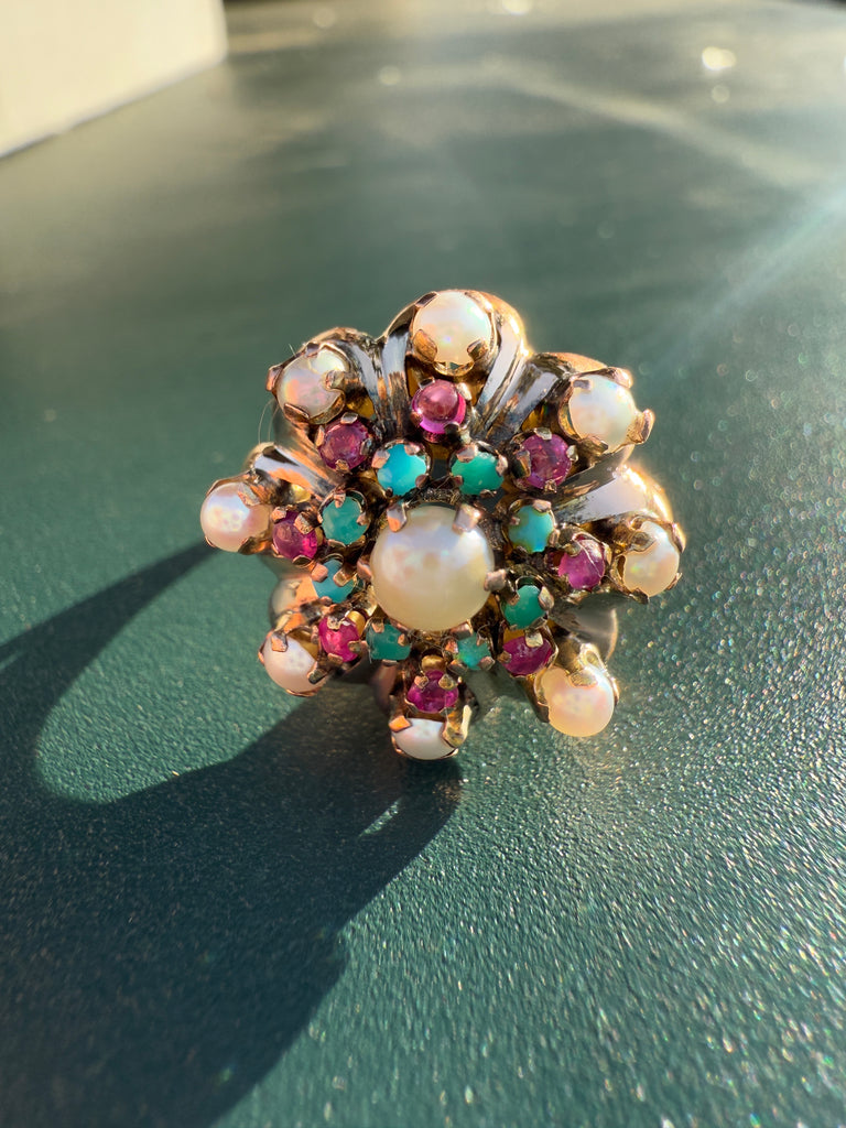 Turquoise & Pearl Crown Ring