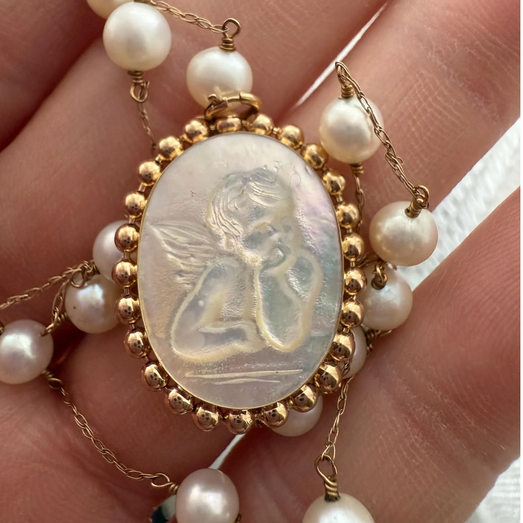 mother of pearl 14k gold carved cameo pendant 