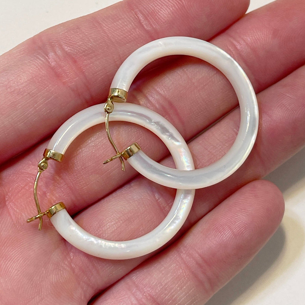 mother of pearl hoop earrings  14k