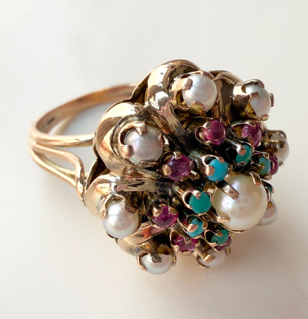 Turquoise & Pearl Crown Ring