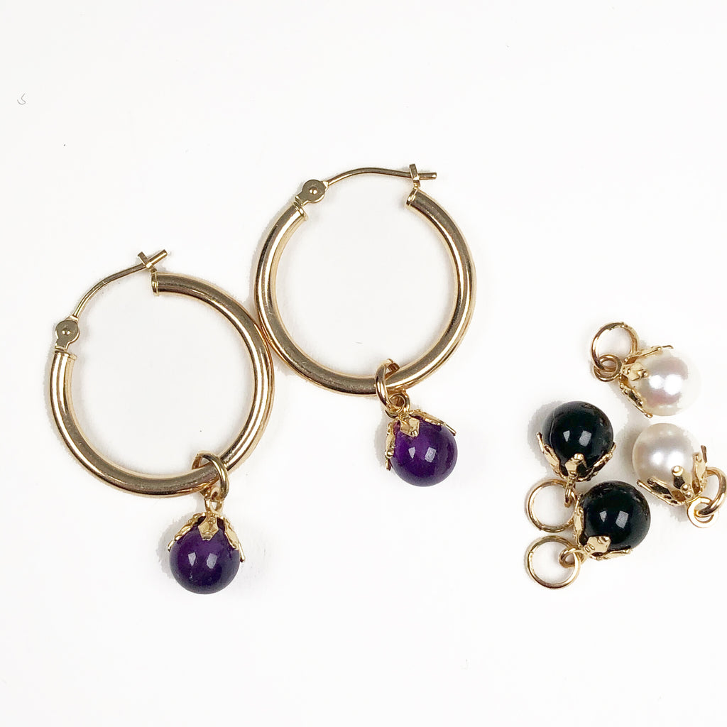 intage 14k gold hoop earrings with charm enhancers onyx, pearl, and amethyst 