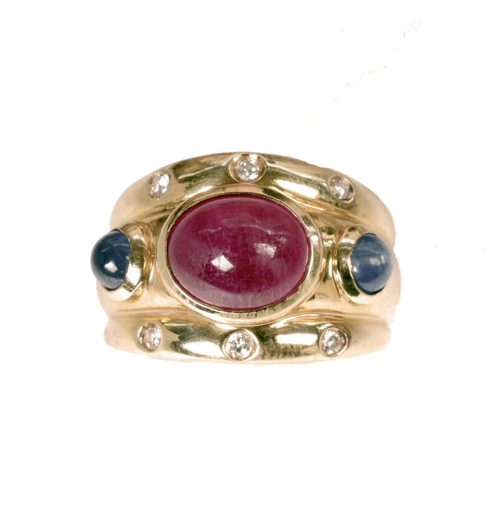 Ruby, Sapphire & Diamond Cabochon Ring