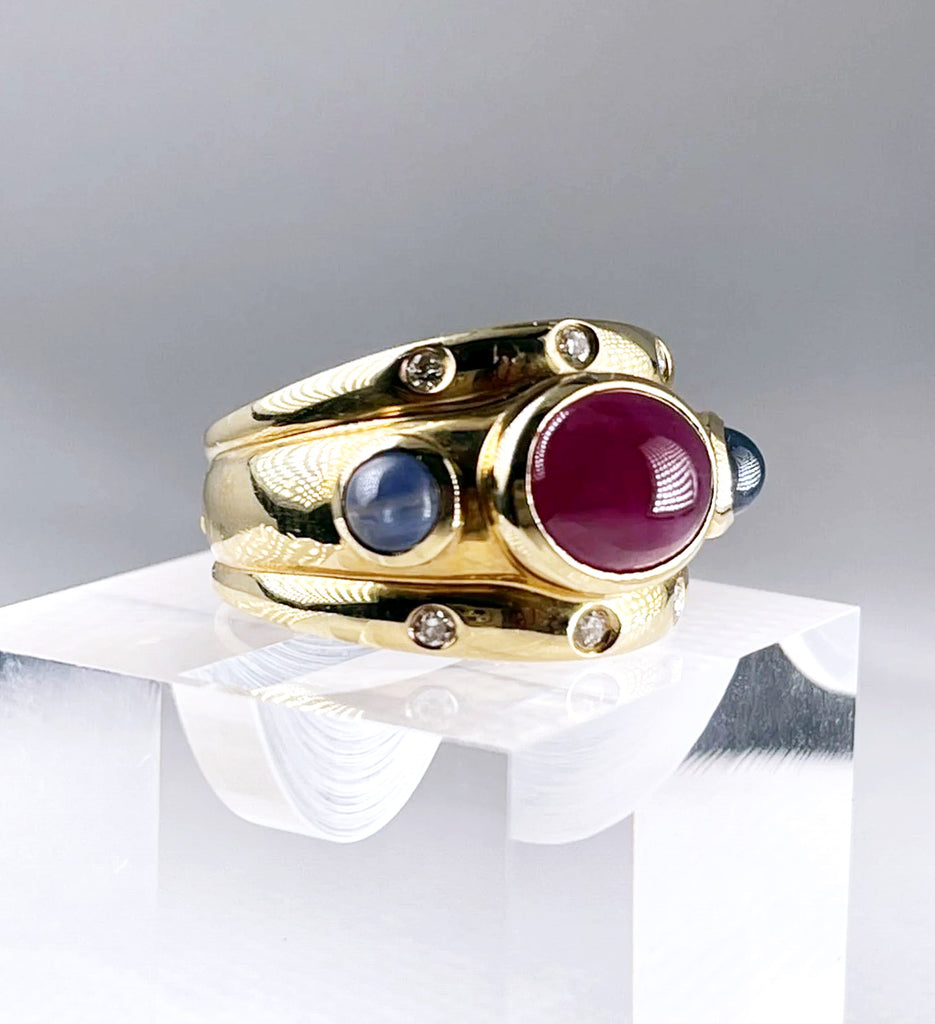 Ruby, Sapphire & Diamond Cabochon Ring