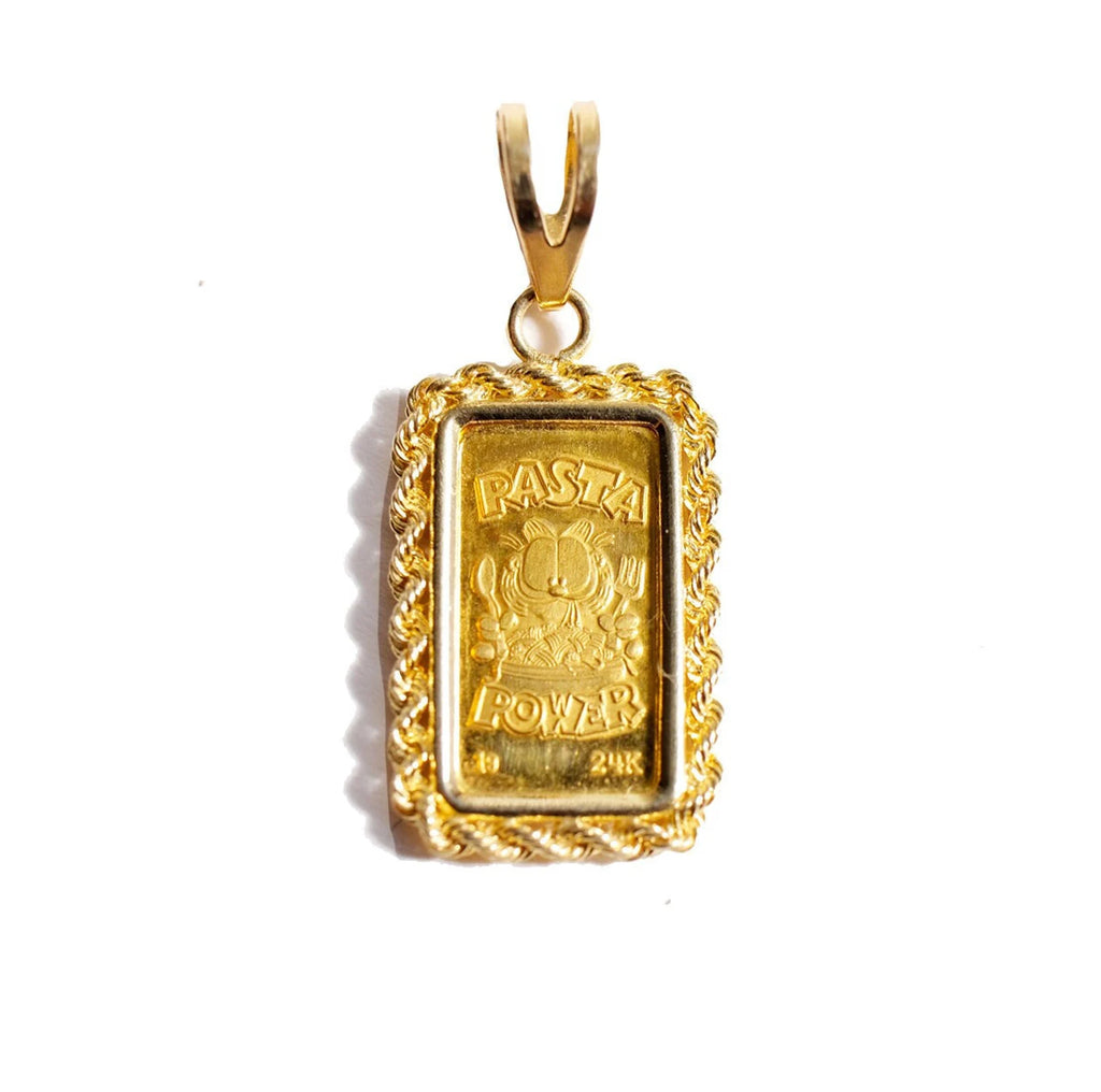 24k Gold 1970s Garfield Pasta Power Ignot in 14k pendant 