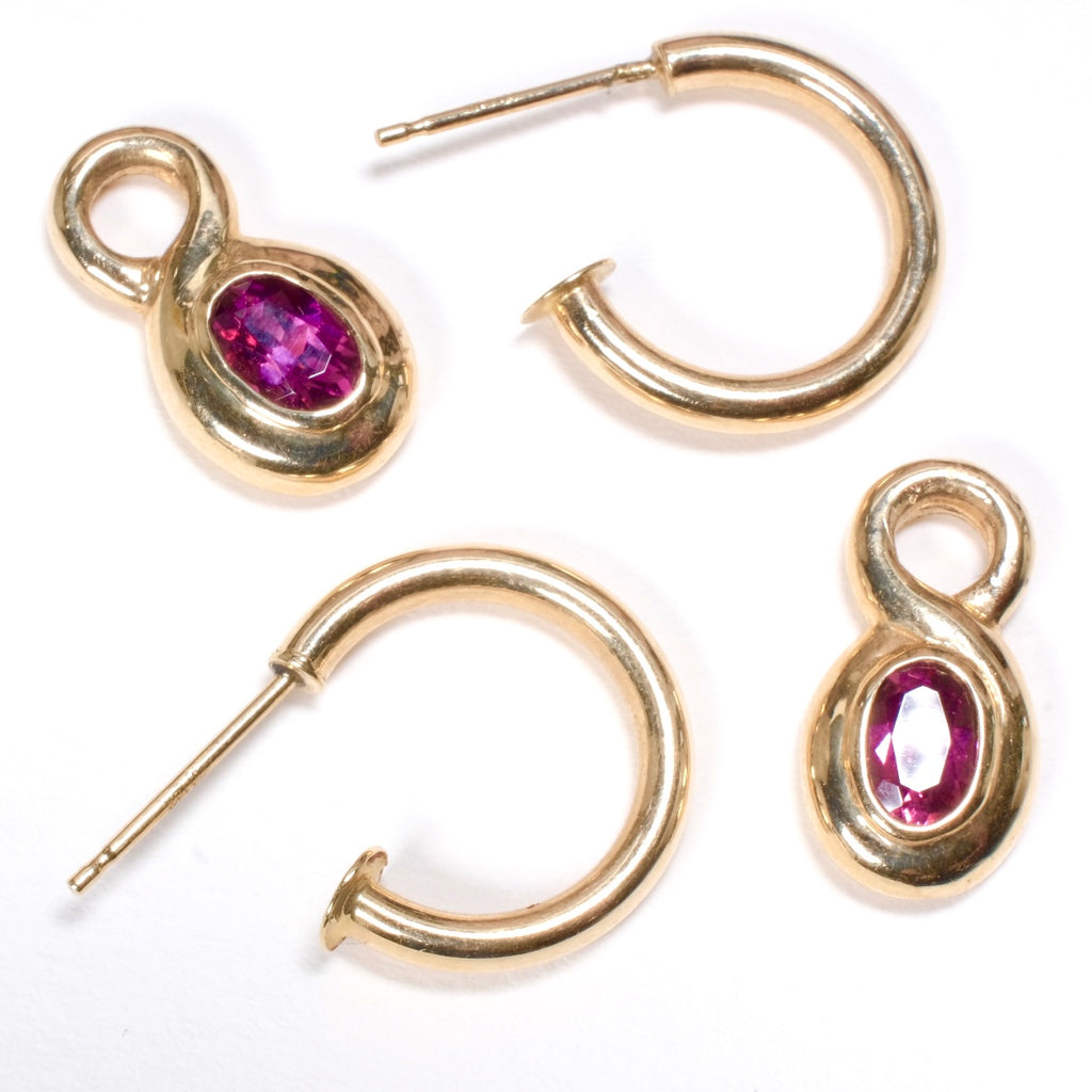 rare 1980s 14k gold charm hoop earrings with raspberry garnets 