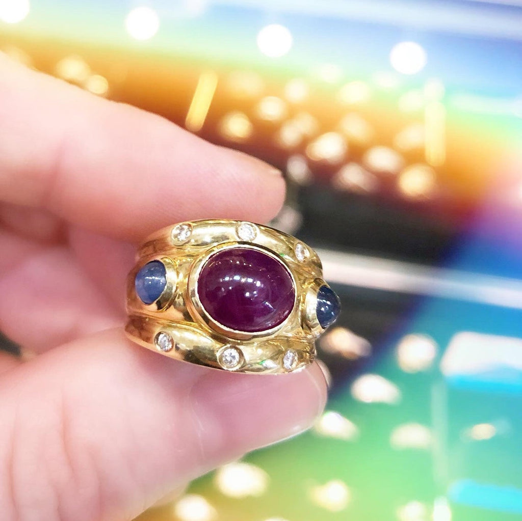 Ruby, Sapphire & Diamond Cabochon Ring