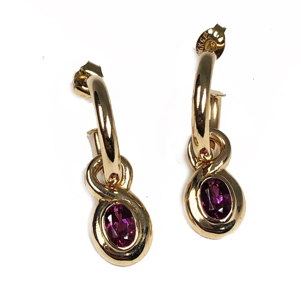 14k gold hoop earrings with garnet charms