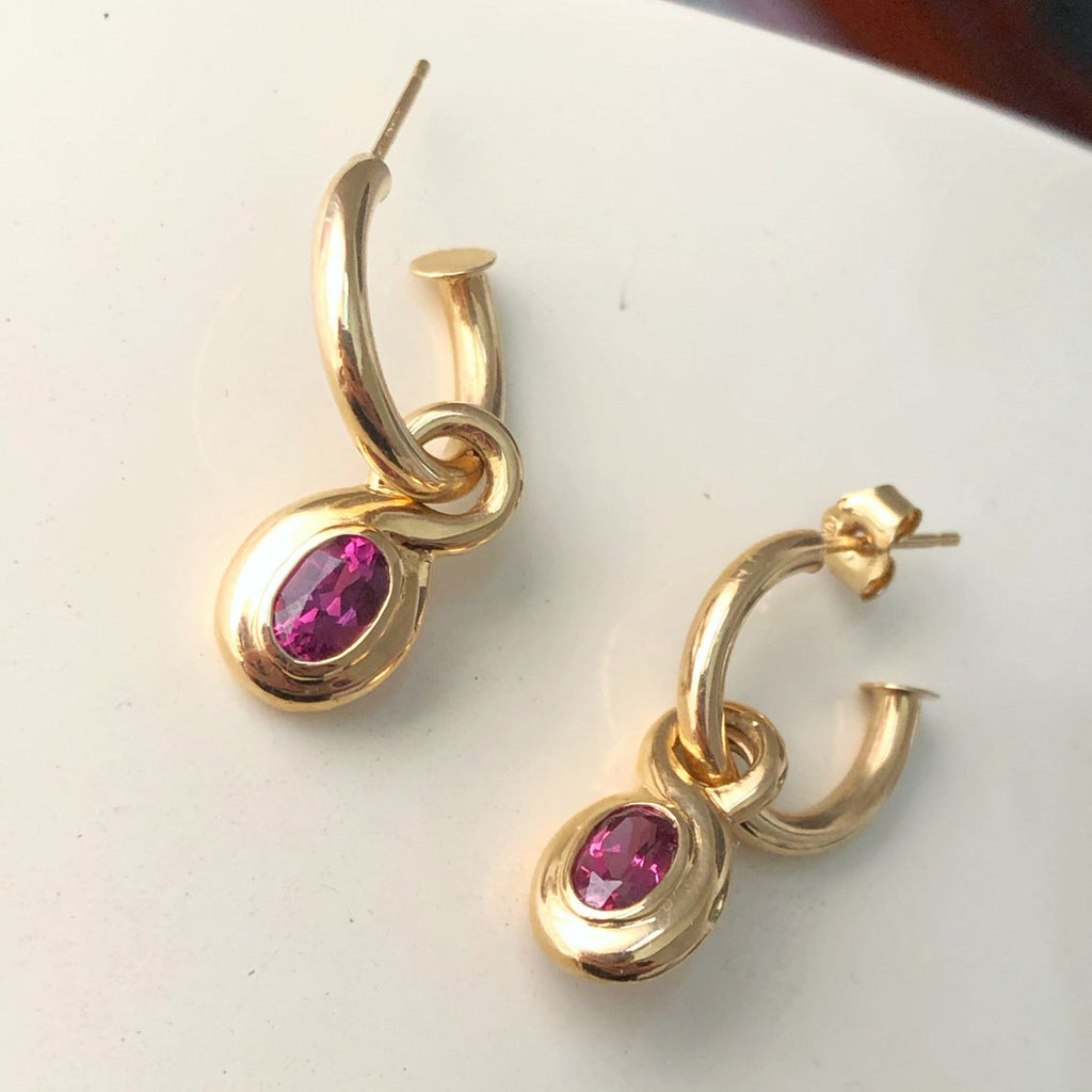 1990s Garnet Charm Hoop Earrings