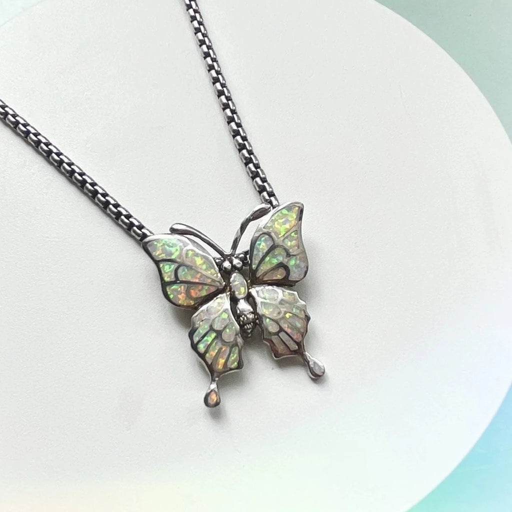 Y2K Fire Opal Butterfly Necklace (925)